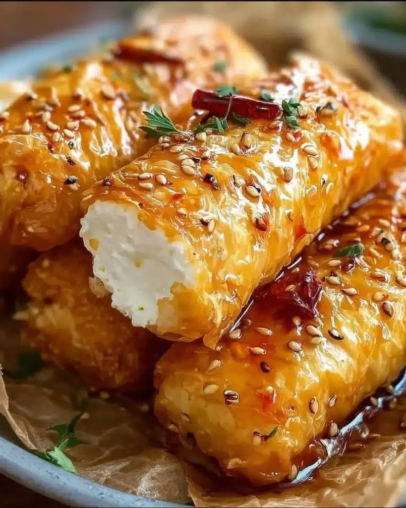 Oven fried feta rolls drizzled with chili honey served on a plate