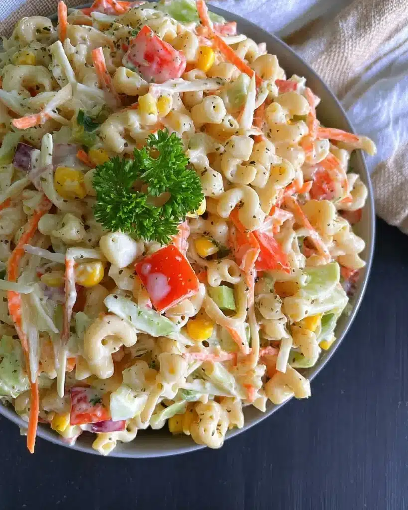 Pasta Salad with Coleslaw Dressing in a bowl garnished with fresh vegetables