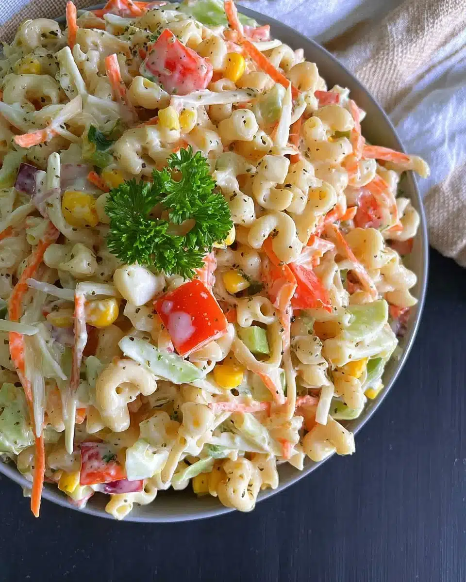 Pasta Salad with Coleslaw Dressing in a bowl garnished with fresh vegetables