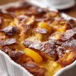 Peach French Toast Casserole topped with fresh peaches and syrup