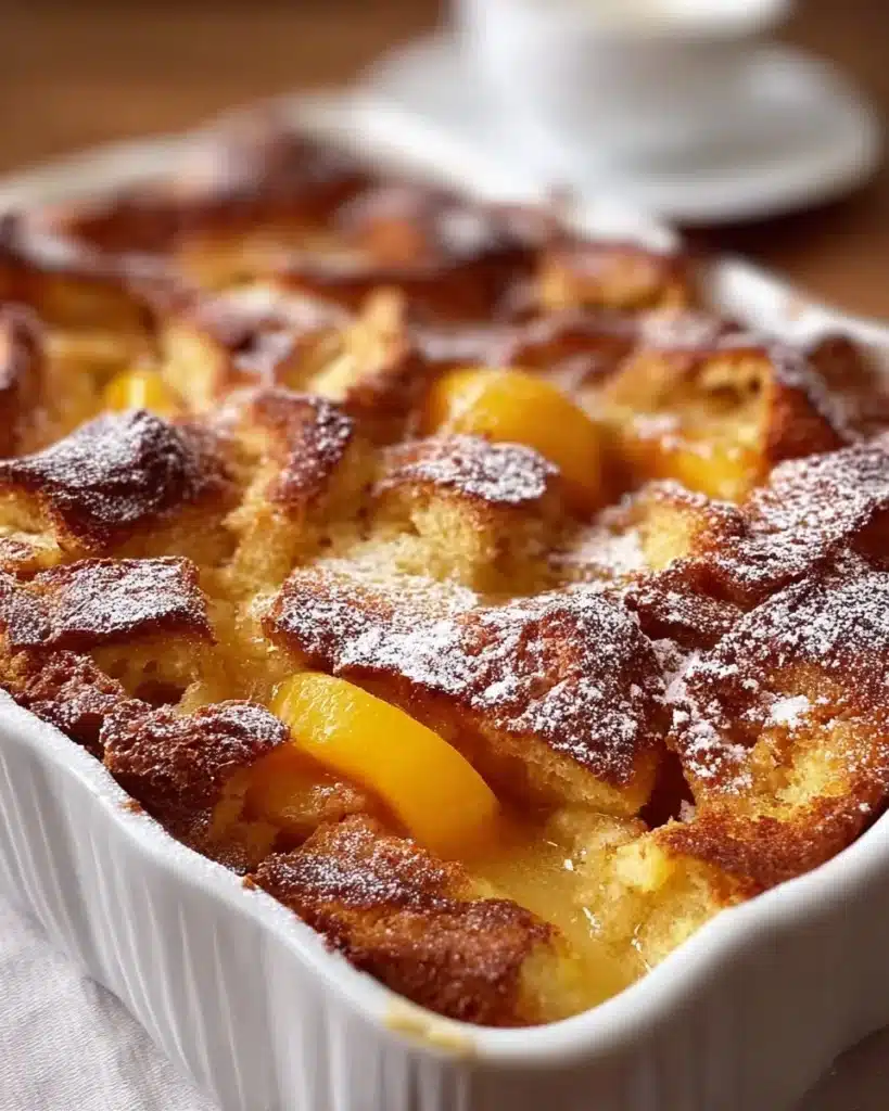 Peach French Toast Casserole topped with fresh peaches and syrup