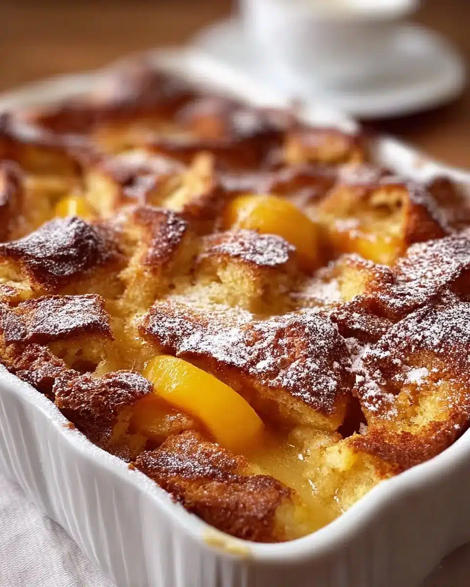 Peach French Toast Casserole topped with fresh peaches and syrup