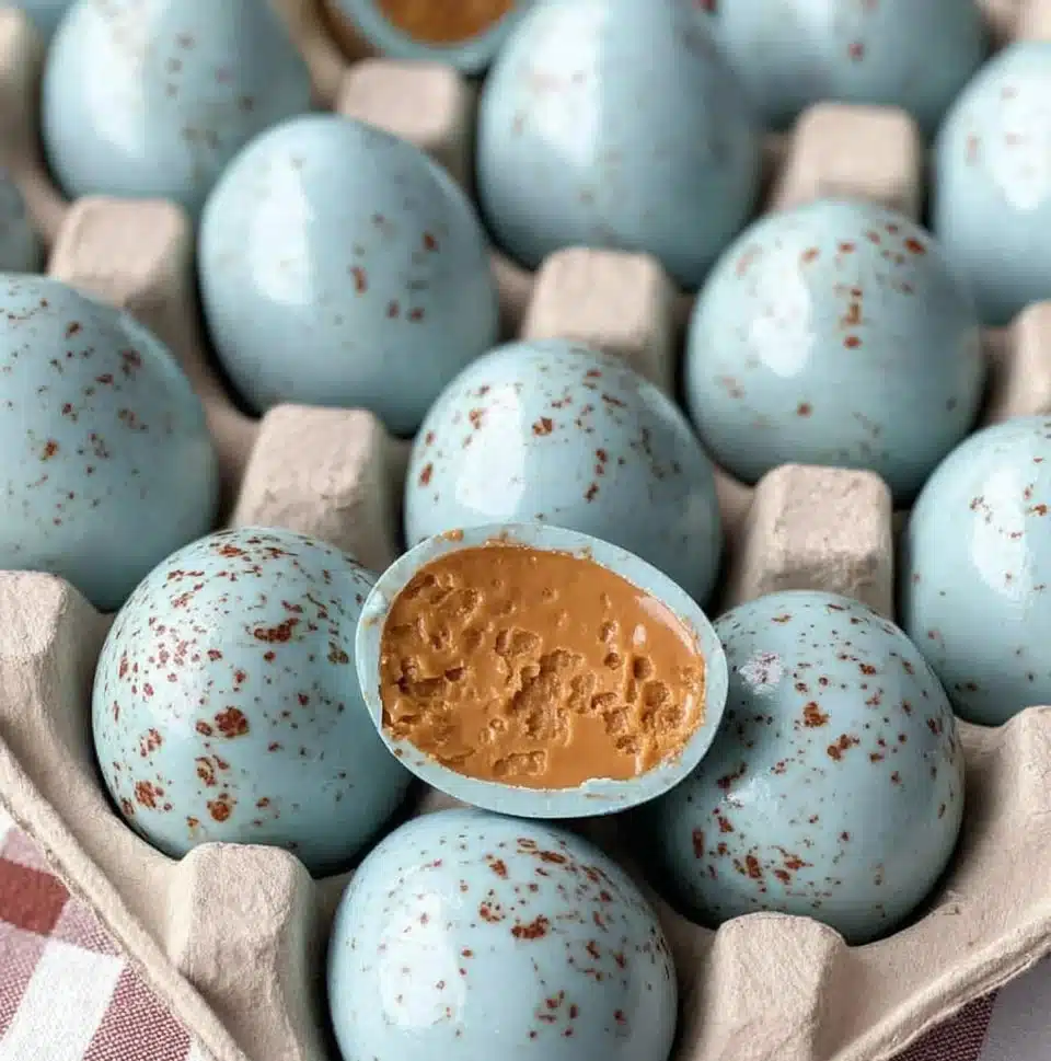 Homemade peanut butter Easter eggs on a festive table