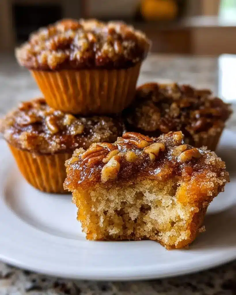Pecan Pie Muffins topped with crunchy pecans and brown sugar