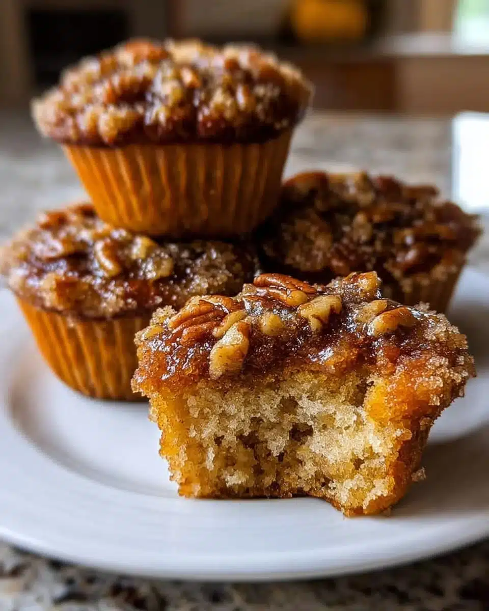 Pecan Pie Muffins topped with crunchy pecans and brown sugar