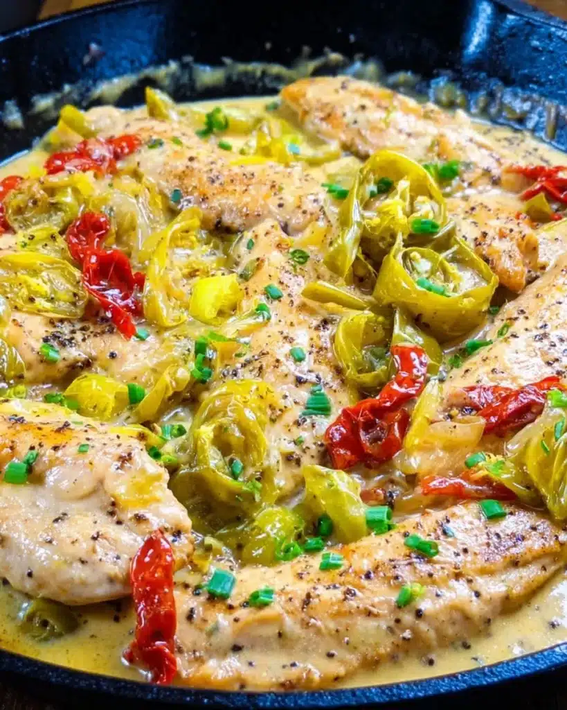 Delicious Pepperoncini Chicken Skillet served with fresh herbs and spices.