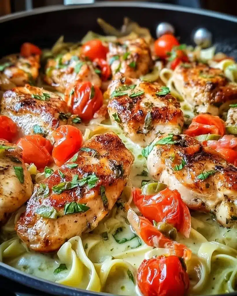 Pepperoncini Chicken Skillet garnished with herbs in a frying pan.