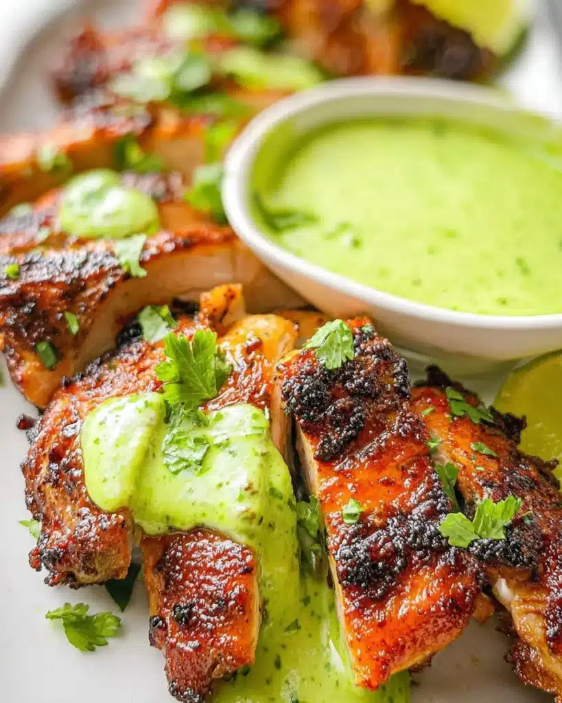 Delicious Peruvian Chicken served with vibrant green sauce