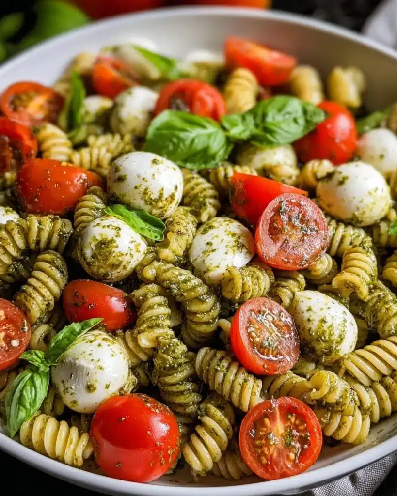 A colorful Pesto Caprese Pasta Salad with fresh basil, tomatoes, and mozzarella.