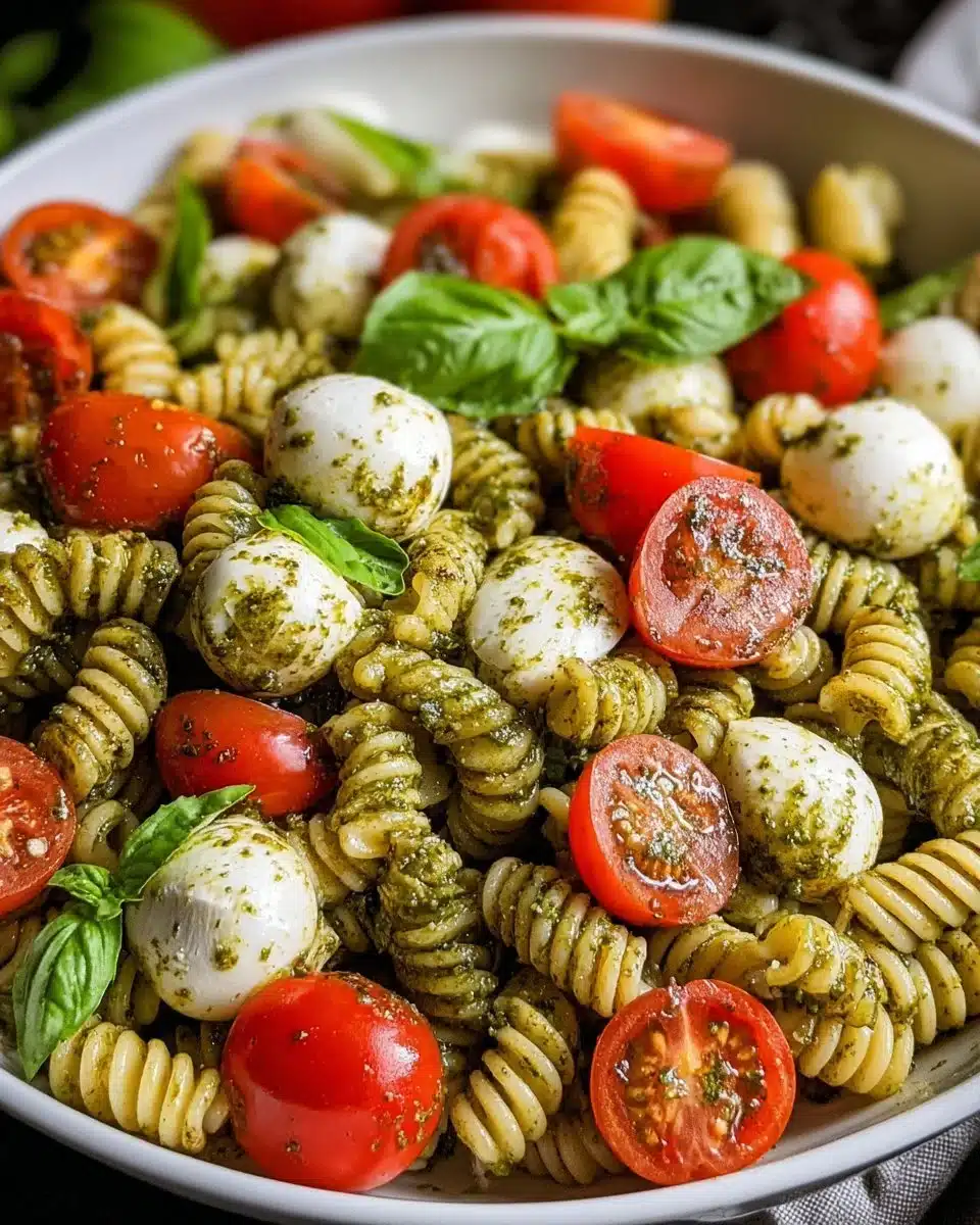 A colorful Pesto Caprese Pasta Salad with fresh basil, tomatoes, and mozzarella.