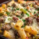 Delicious Philly cheesesteak mac and cheese topped with melted cheese and steak.