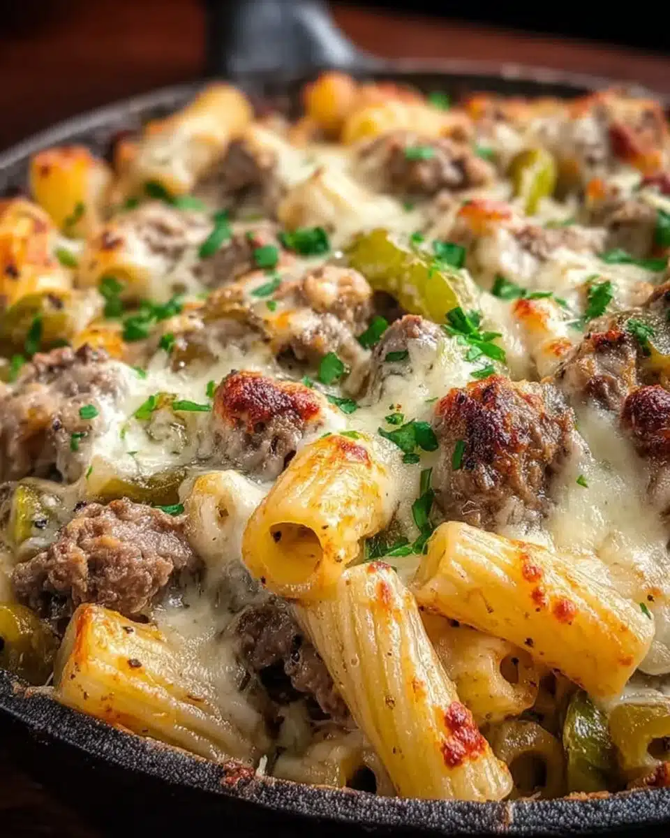 Delicious Philly cheesesteak mac and cheese topped with melted cheese and steak.