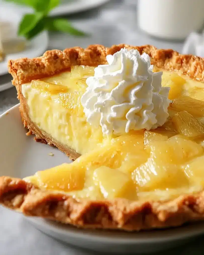 Delicious homemade pineapple pie served with a scoop of vanilla ice cream
