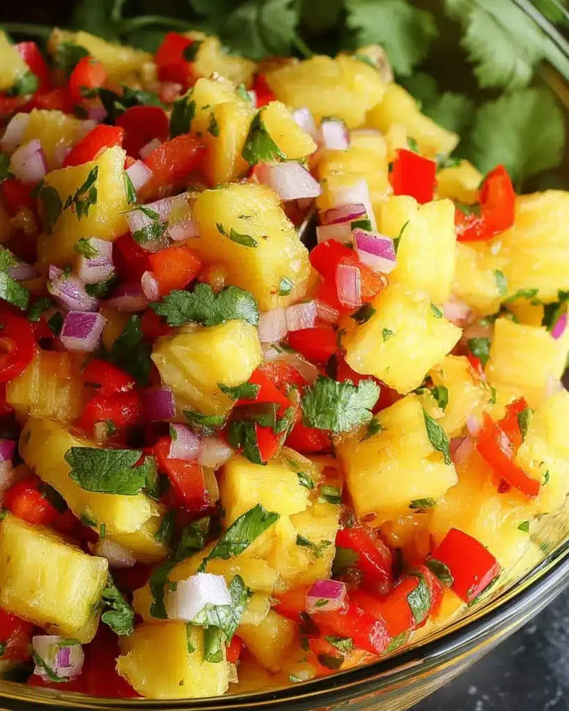 Fresh pineapple salsa served with tortilla chips on a wooden table.