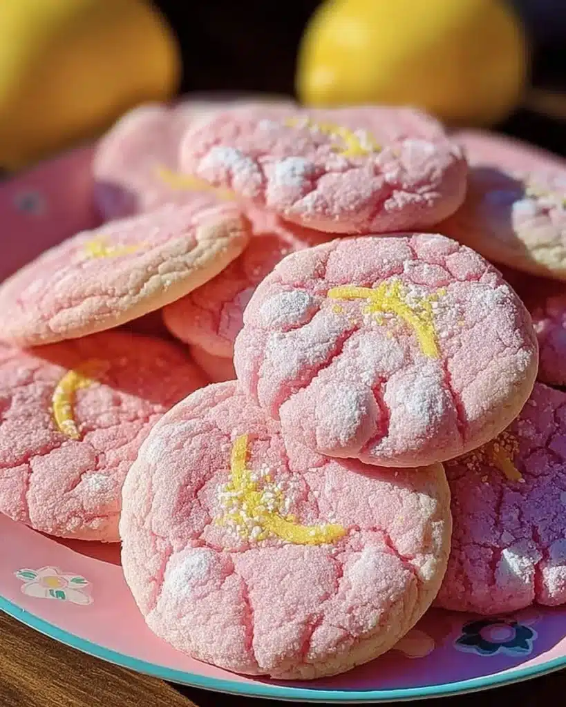 Delicious pink lemonade cookies decorated with lemon zest and powdered sugar