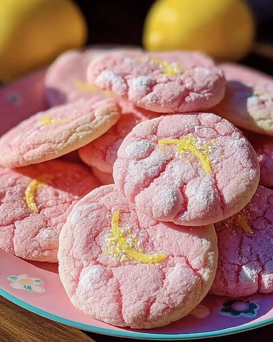 Delicious pink lemonade cookies decorated with lemon zest and powdered sugar