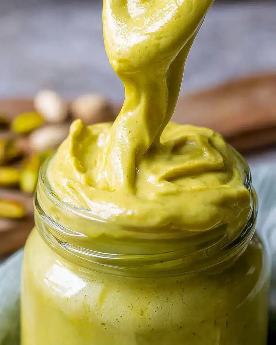 Delicious pistachio cream spread on a slice of bread