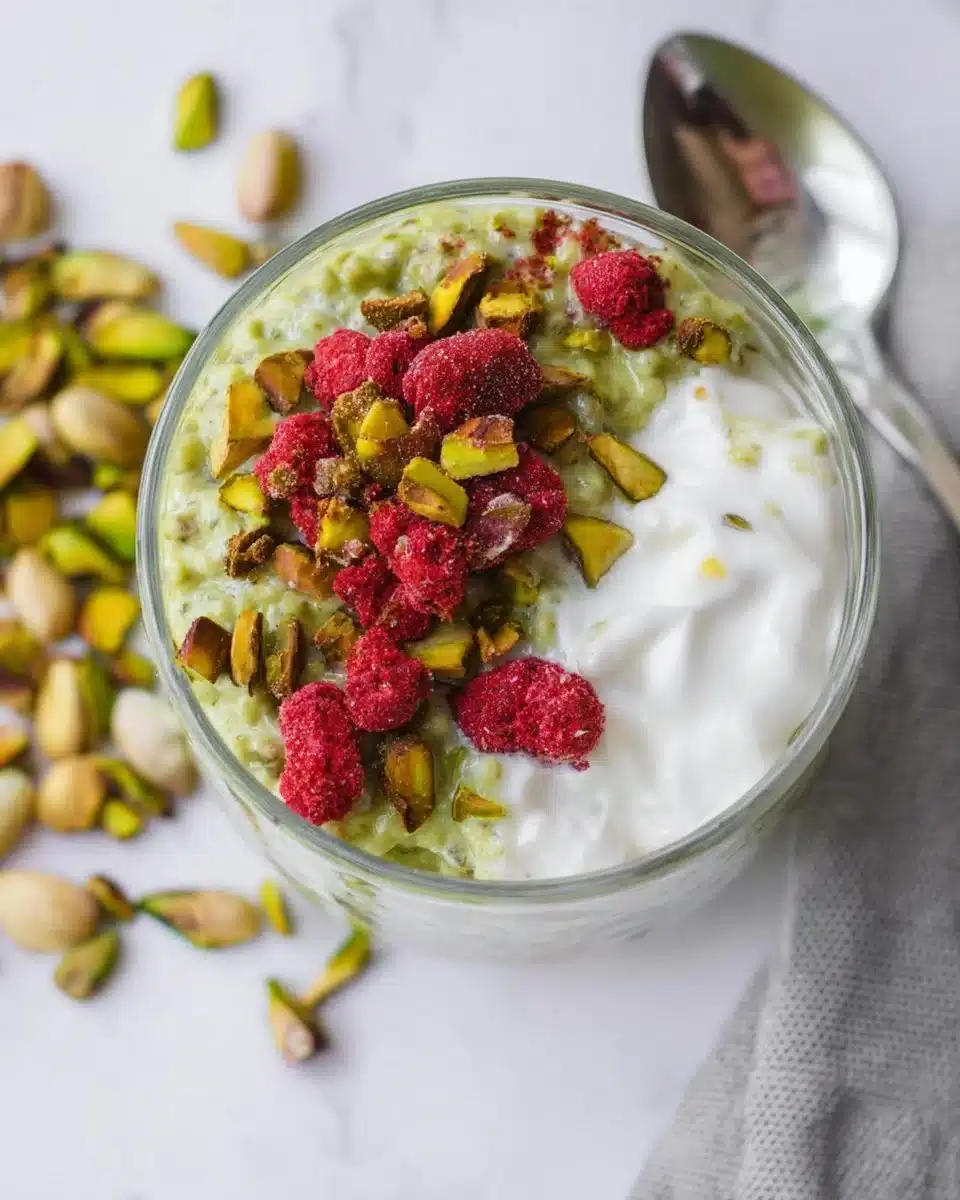 Bowl of pistachio overnight oats topped with fresh fruit and nuts