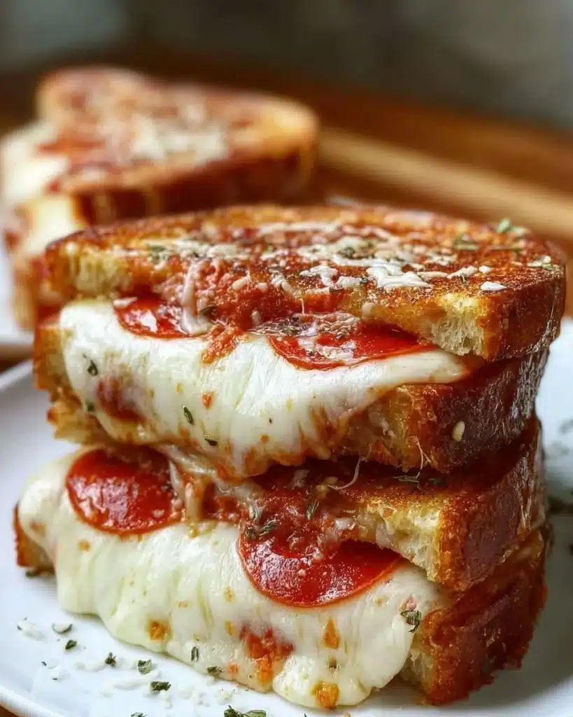 Cheesy pizza grilled cheese sandwich with melted cheese and pizza toppings