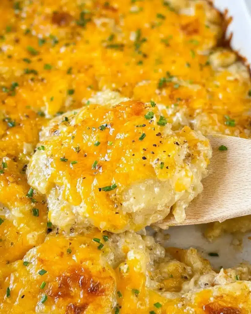 Deliciously creamy Potatoes Romanoff topped with cheese and herbs.