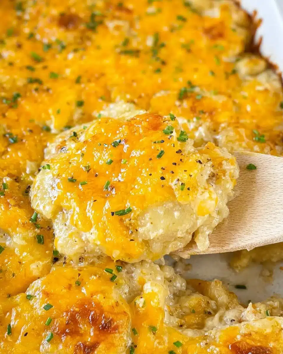 Deliciously creamy Potatoes Romanoff topped with cheese and herbs.