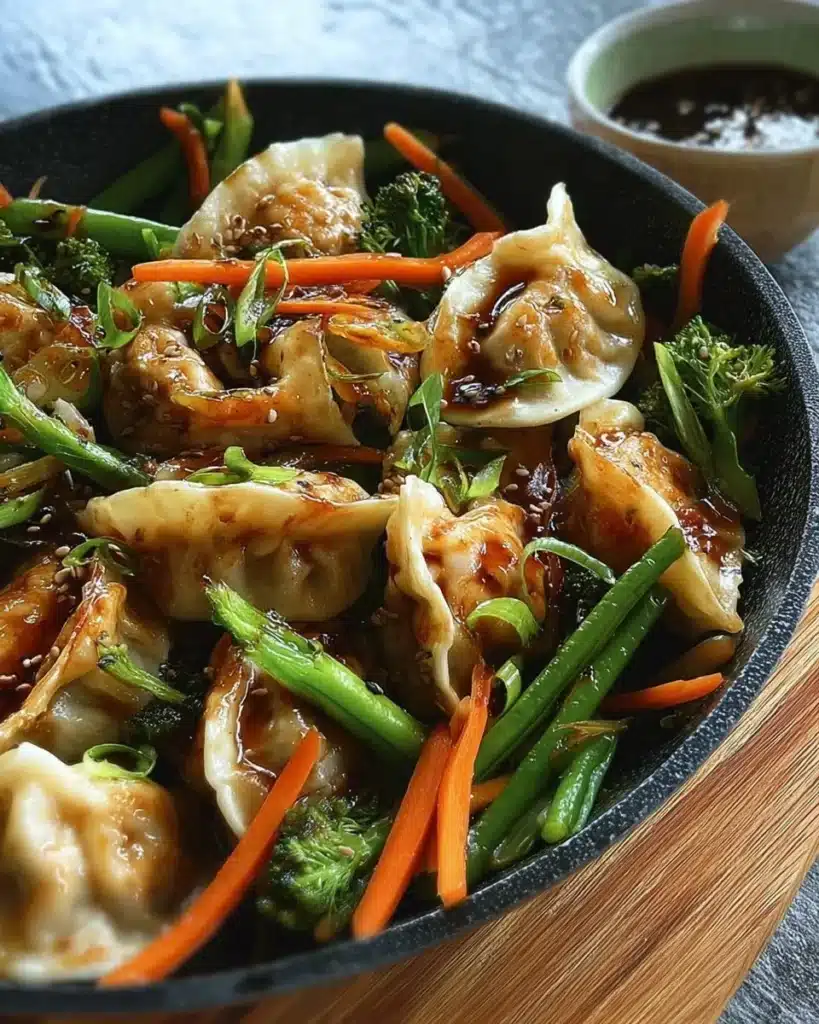 A colorful potsticker stir fry featuring vibrant vegetables and crispy dumplings.