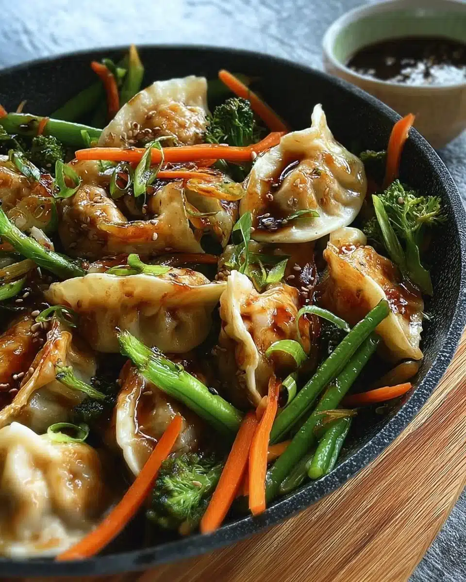 A colorful potsticker stir fry featuring vibrant vegetables and crispy dumplings.