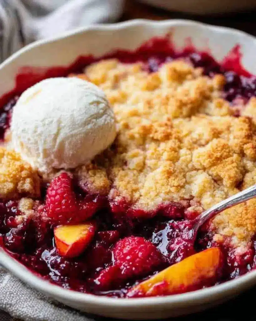 Delicious Raspberry Peach Cobbler fresh out of the oven with golden crust.