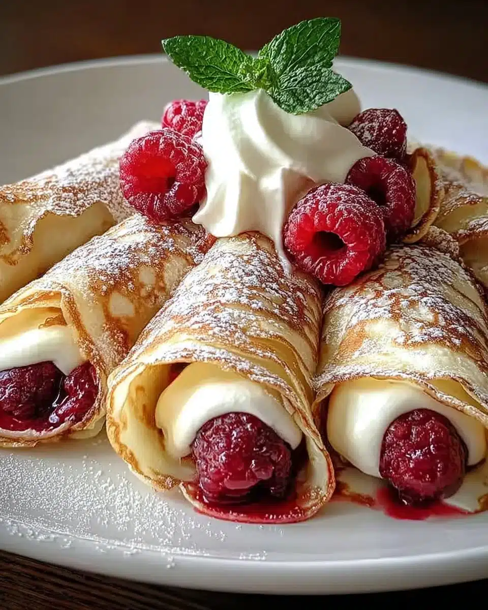 Raspberry Vanilla Cream Crepes topped with fresh raspberries and cream