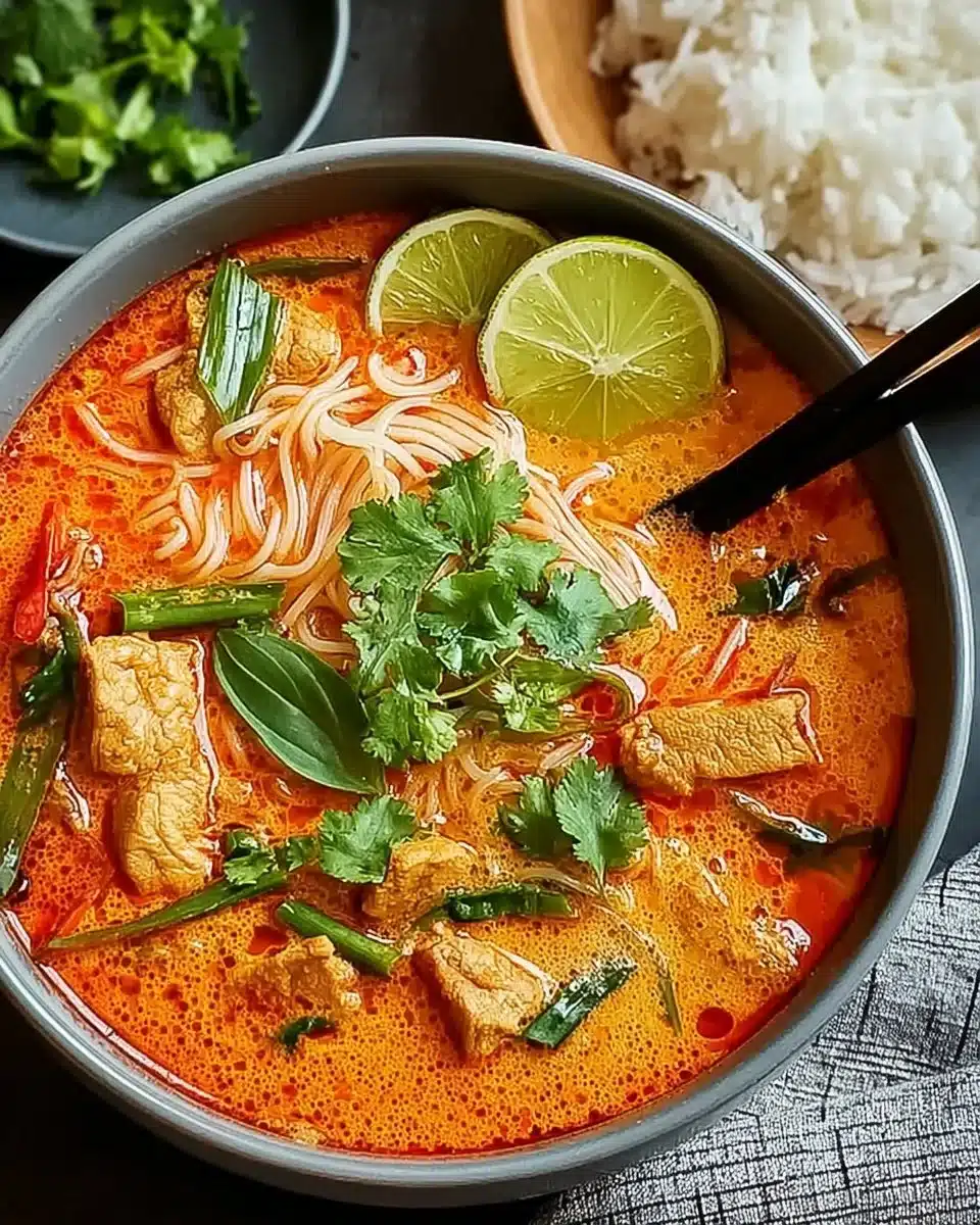 A bowl of delicious red curry soup with fresh herbs and spices