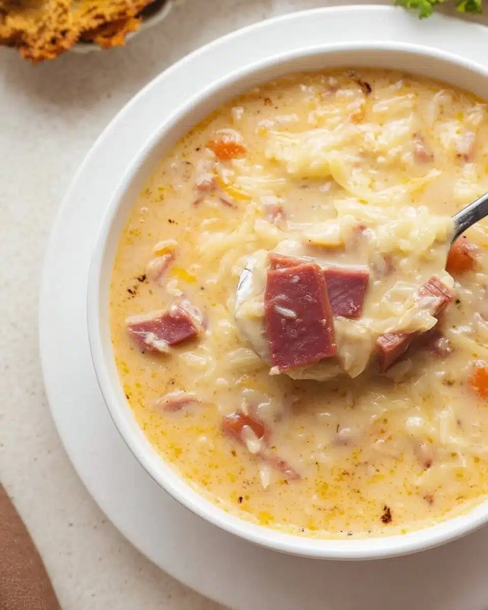 Delicious bowl of Reuben Soup with corned beef, sauerkraut, and Swiss cheese