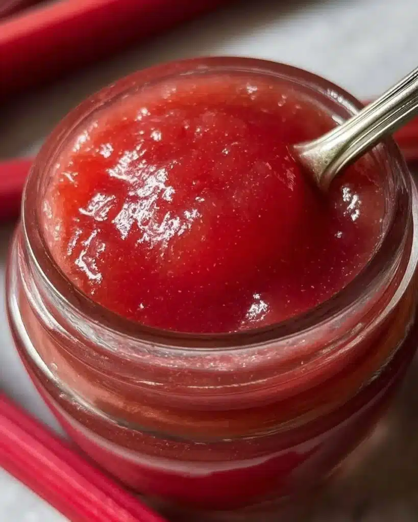 Homemade rhubarb butter in a jar with fresh rhubarb stalks nearby.