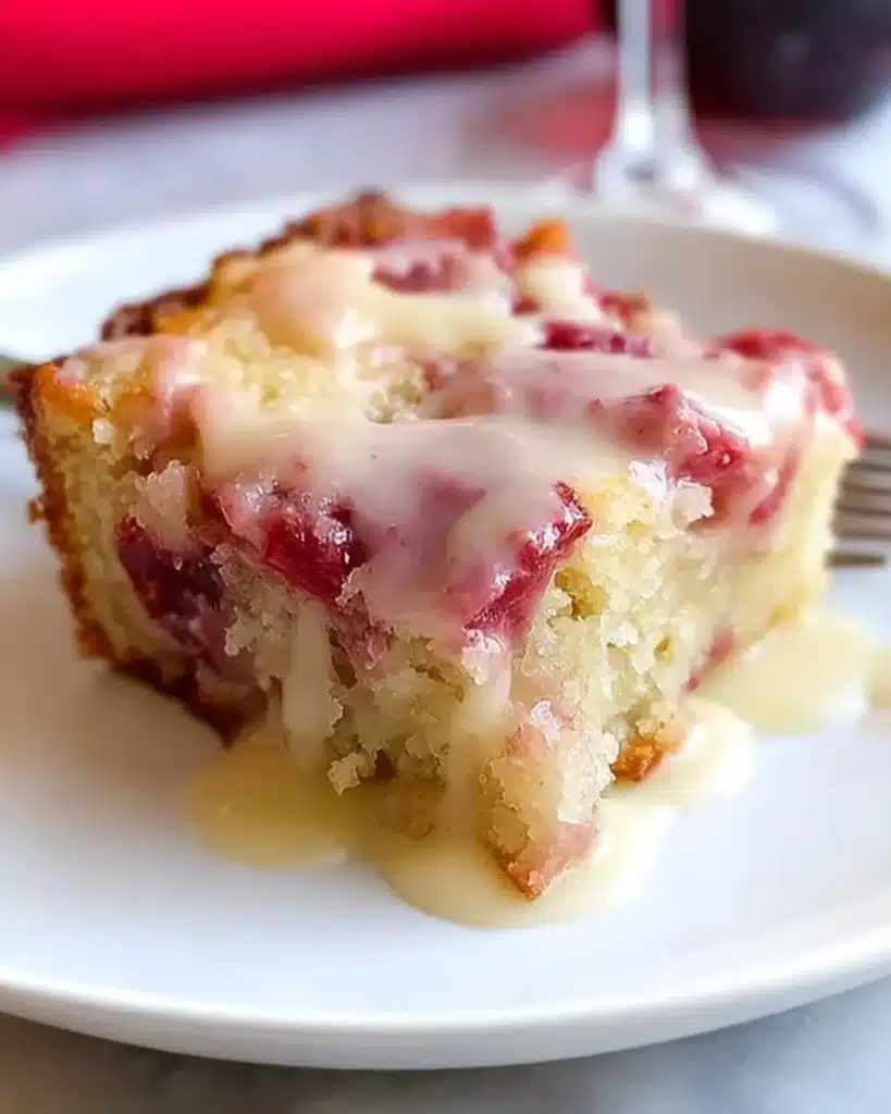 Slice of rhubarb cake topped with rich butter sauce on a plate