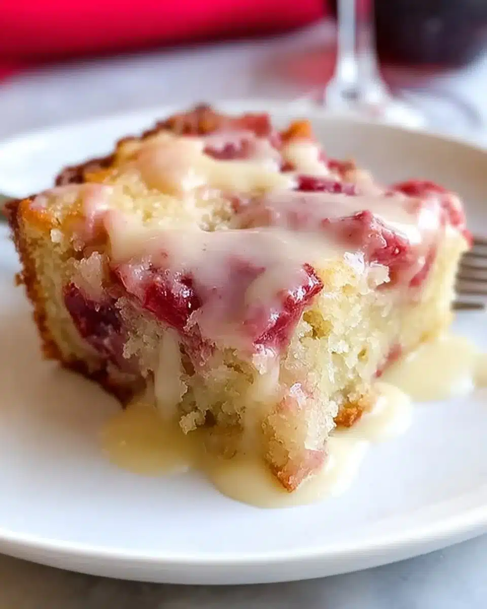 Slice of rhubarb cake topped with rich butter sauce on a plate