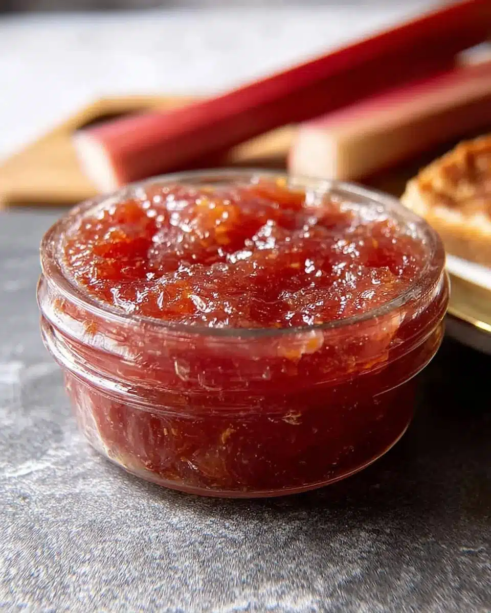 Homemade rhubarb cinnamon jam in a jar with cinnamon sticks