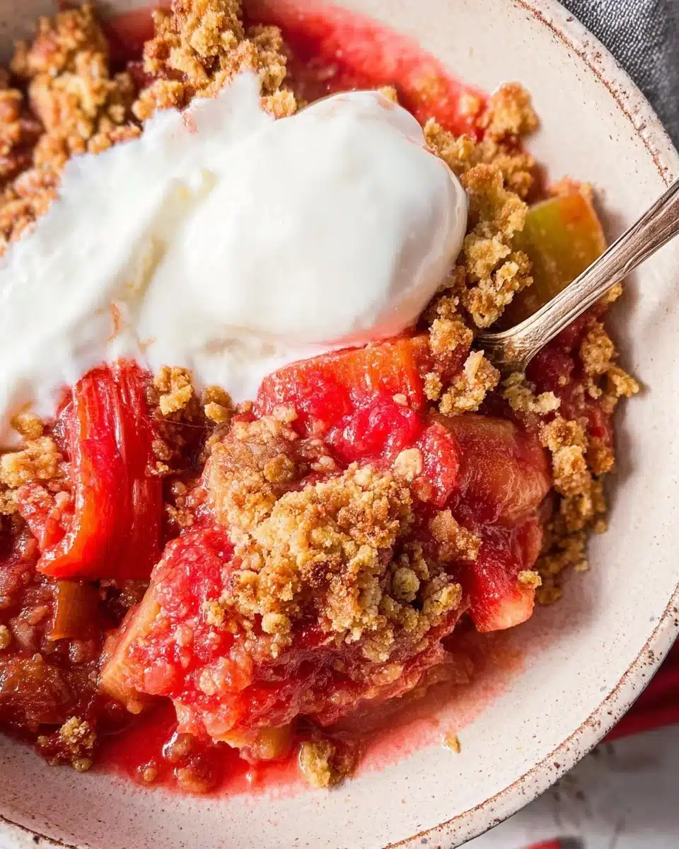Delicious rhubarb crisp with a crunchy topping on a serving dish
