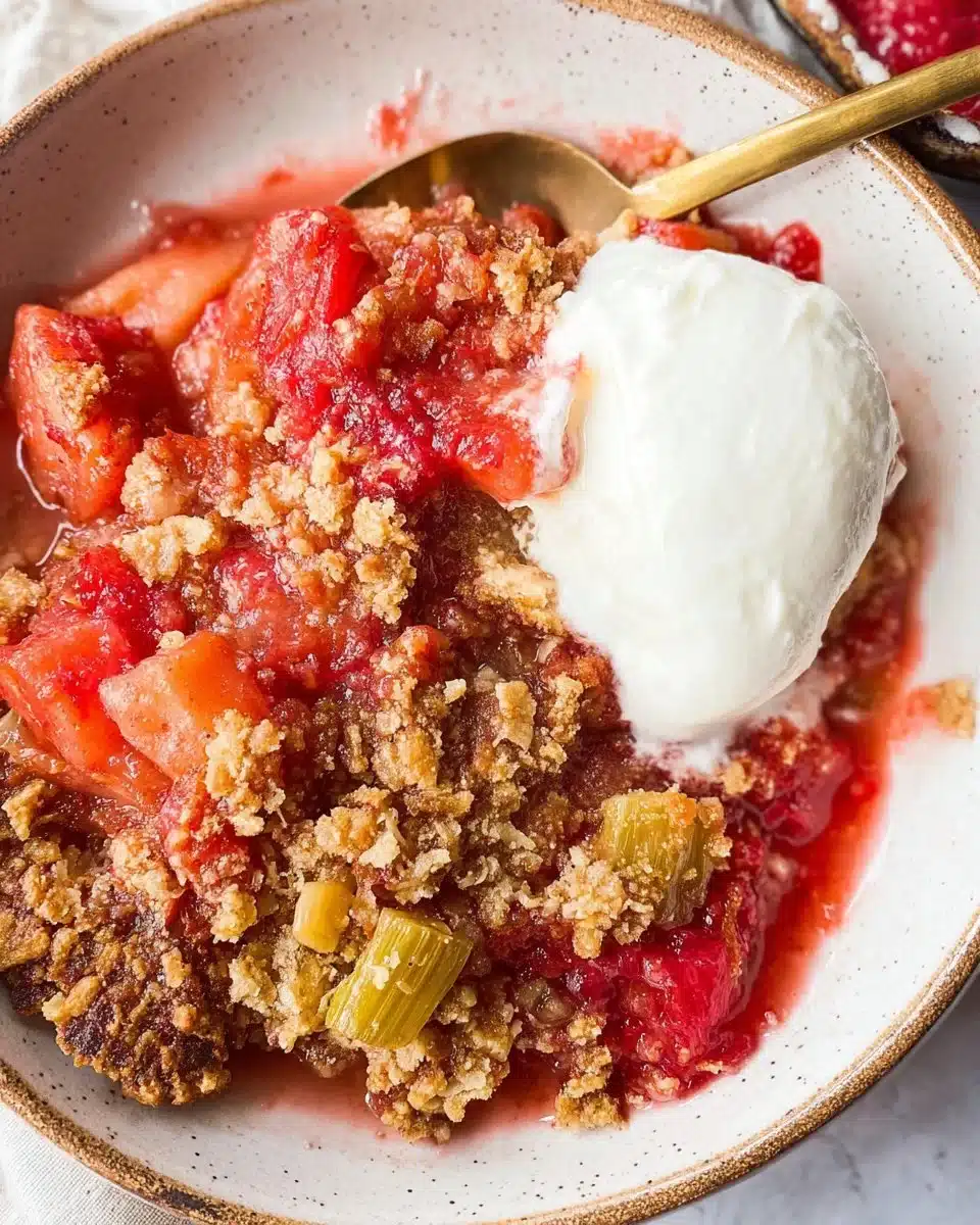 Delicious homemade rhubarb crisp dessert served in a bowl