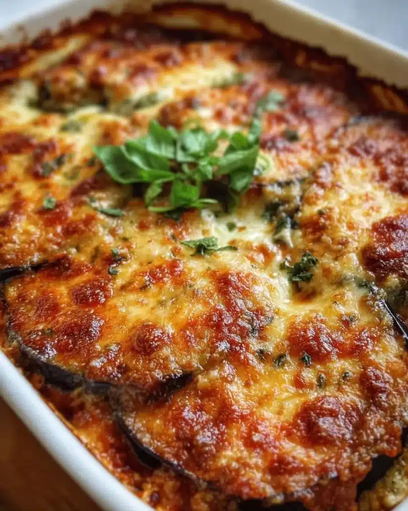 Delicious Ricotta Eggplant Casserole baked to perfection with layers of eggplant and ricotta.