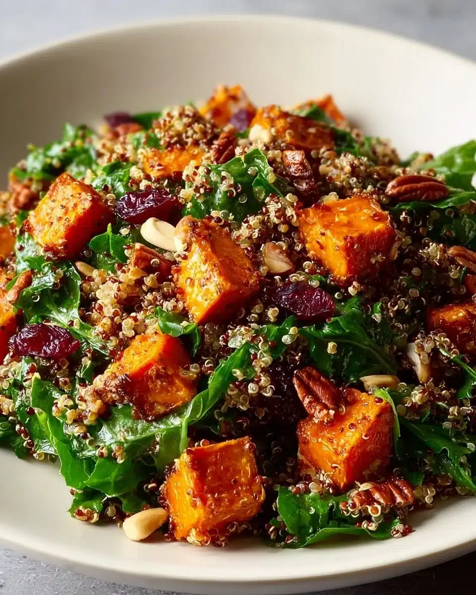 Roasted sweet potato quinoa salad with colorful veggies and seeds