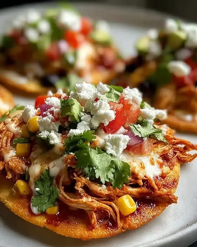 Delicious rotisserie chicken tostadas topped with fresh ingredients
