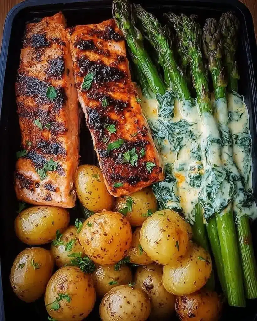 Salmon fillet served with roasted baby potatoes and asparagus