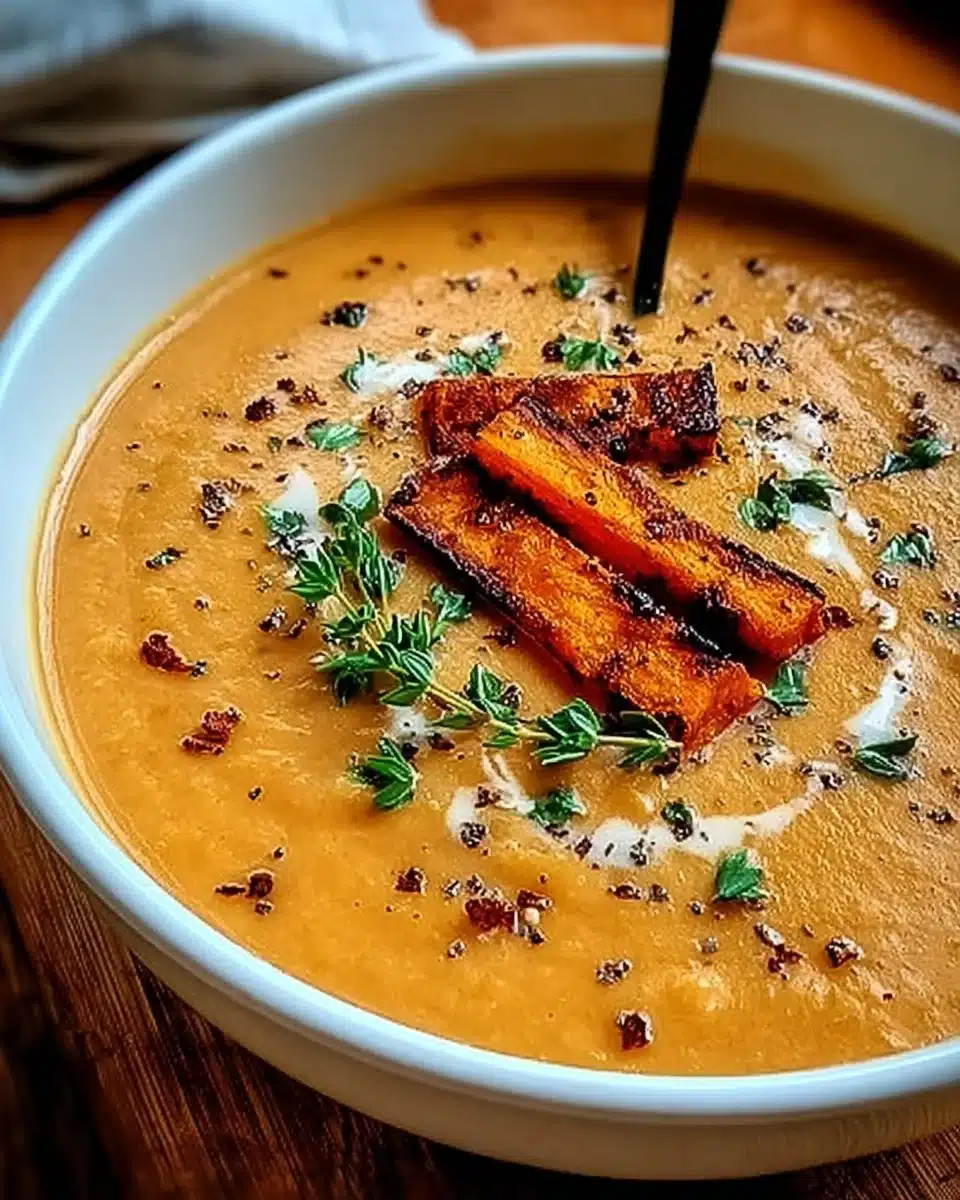 Bowl of savory Italian sweet potato soup garnished with herbs and spices