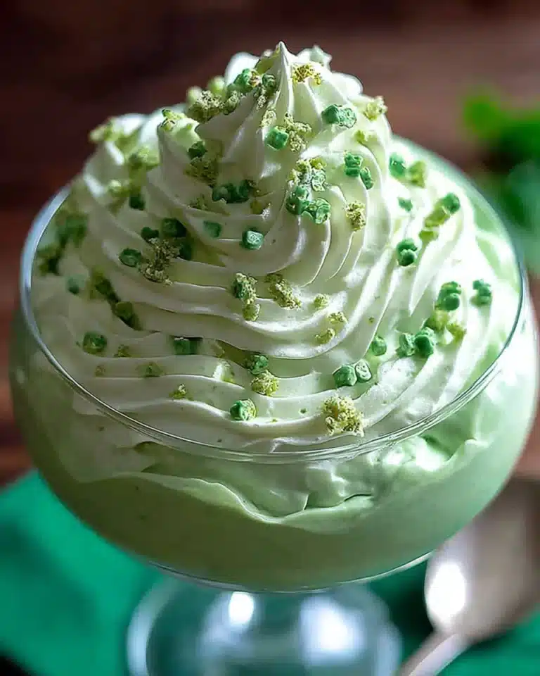 Delicious Shamrock Cheesecake Fluff topped with whipped cream and green sprinkles