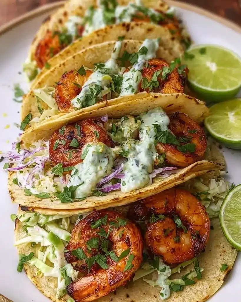 Delicious shrimp tacos topped with cilantro lime slaw served on a plate