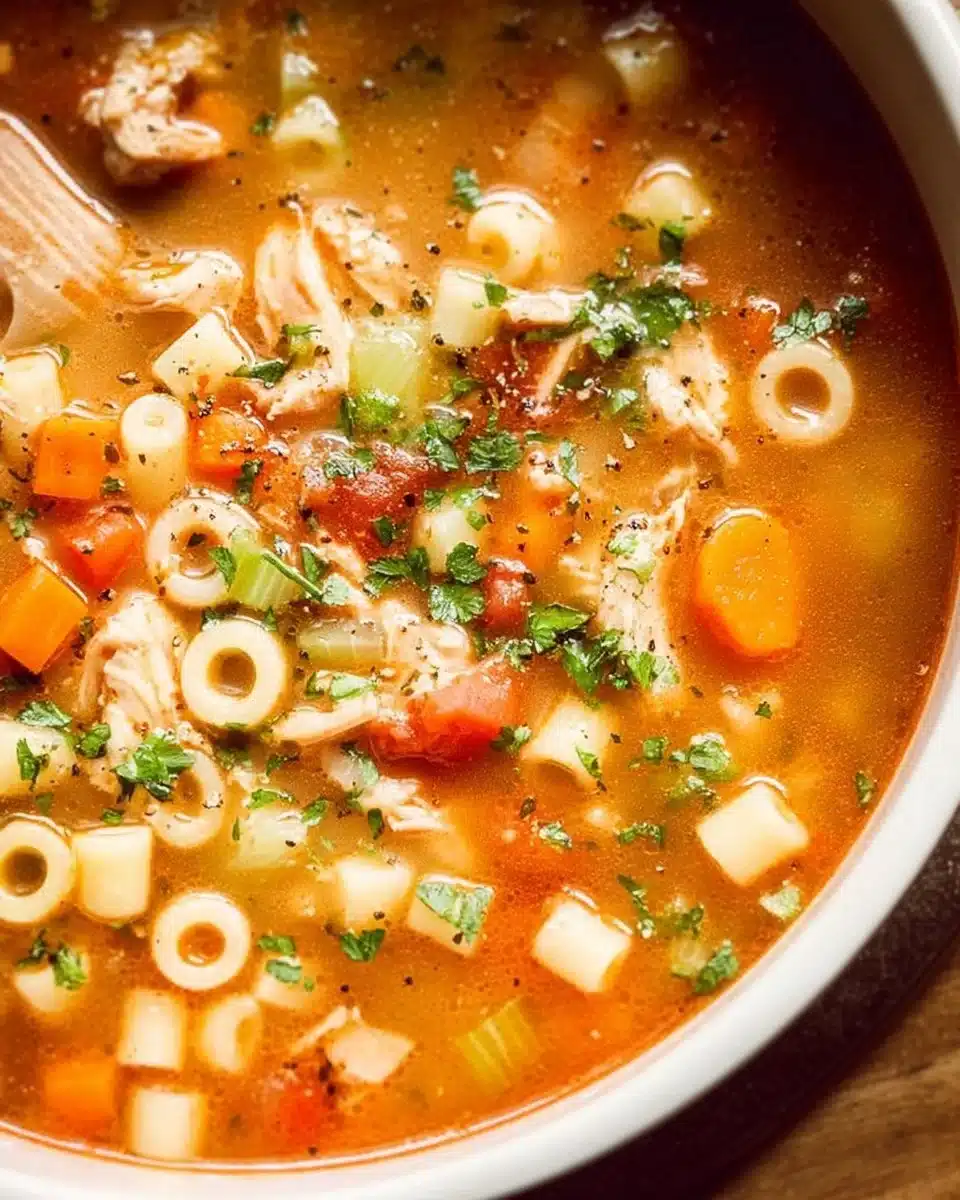 Bowl of Sicilian Chicken Soup with vegetables and herbs