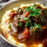 Slow Cooker Beef Manhattan dish served with sauce and vegetables