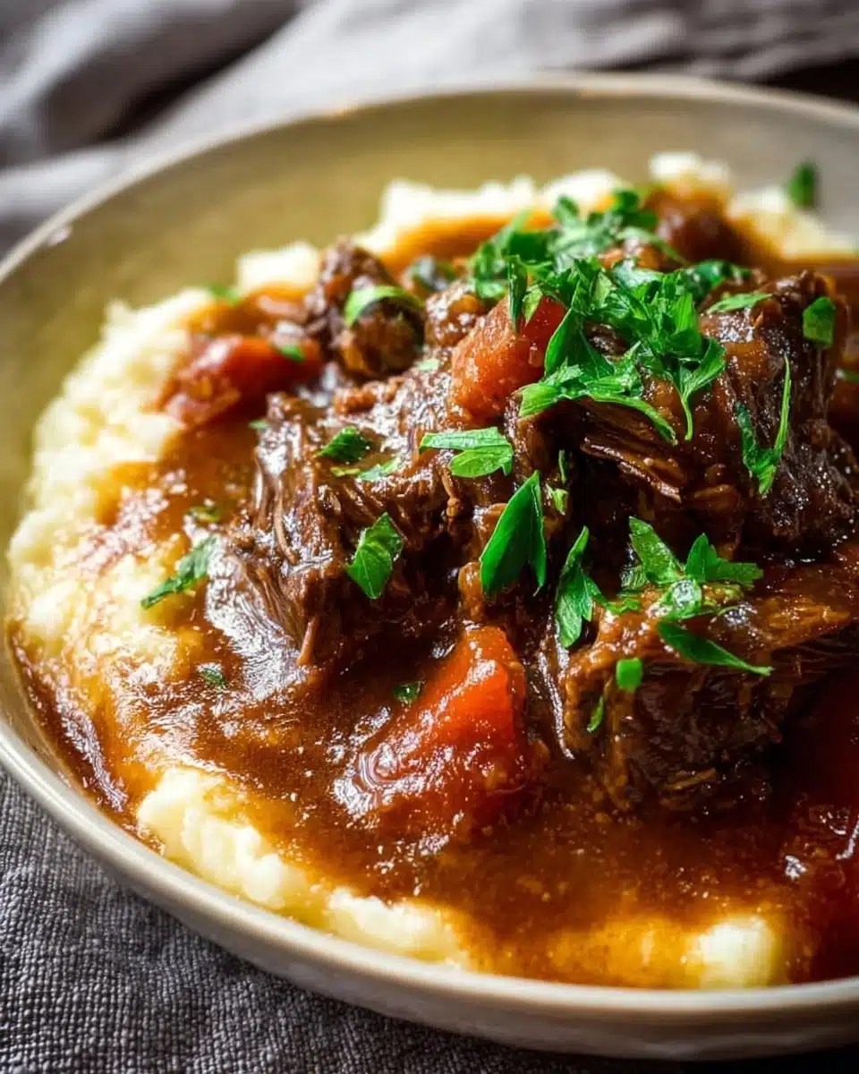 Slow Cooker Beef Manhattan dish served with sauce and vegetables
