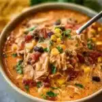 Delicious slow cooker crack chicken chili topped with cheese and green onions.