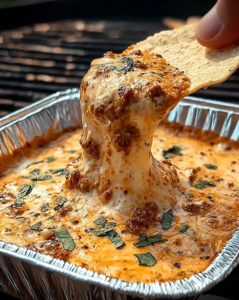 Delicious smoked queso dip served in a bowl with tortilla chips