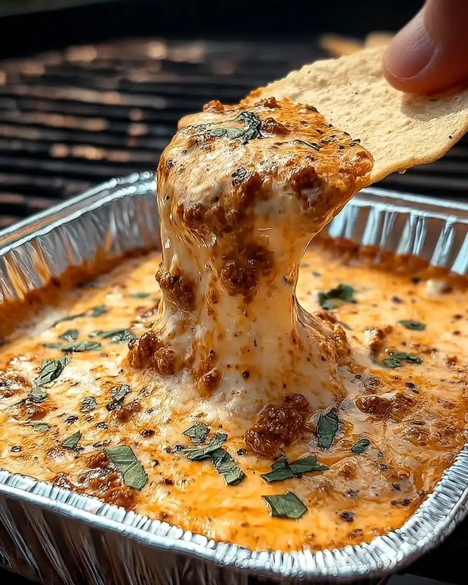 Delicious smoked queso dip served in a bowl with tortilla chips